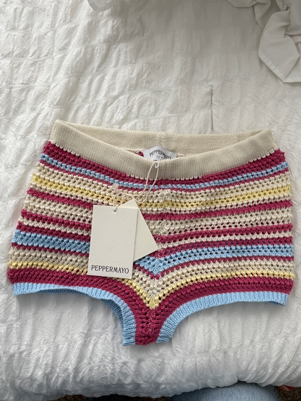 Peppermayo Crochet Striped Knit Shorts in Cream, Pink, Blue, Yellow
